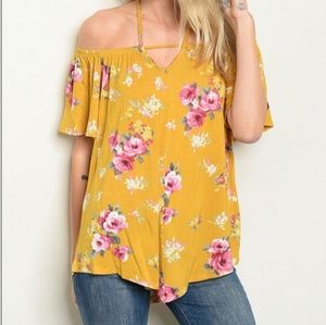 Mustard Floral Yellow Pink Cold Shoulder Top